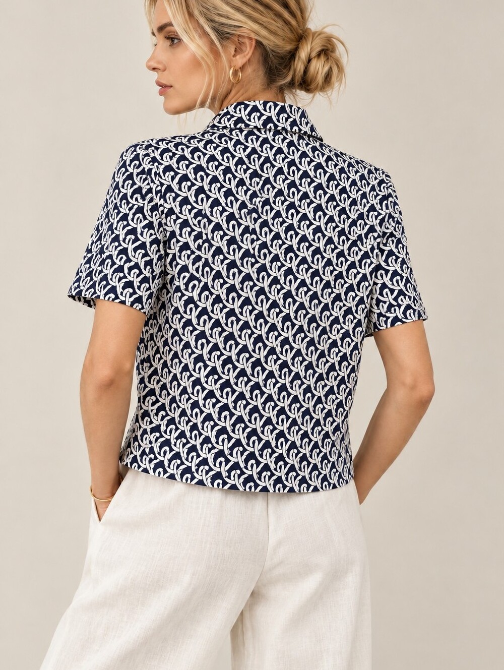 BODEN Hazel Short Sleeve Linen Shirt In Navy Blue White Geo Terrace Print Size 6 - Picture 2 of 10